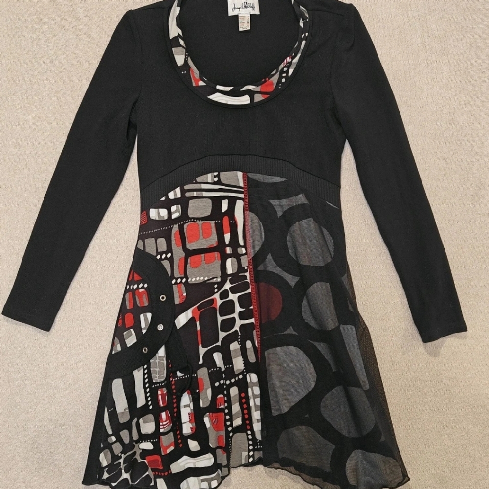 Joseph Ribkoff Vintage Abstract Black, Red White Faux Wrap Sheath Dress Size 6